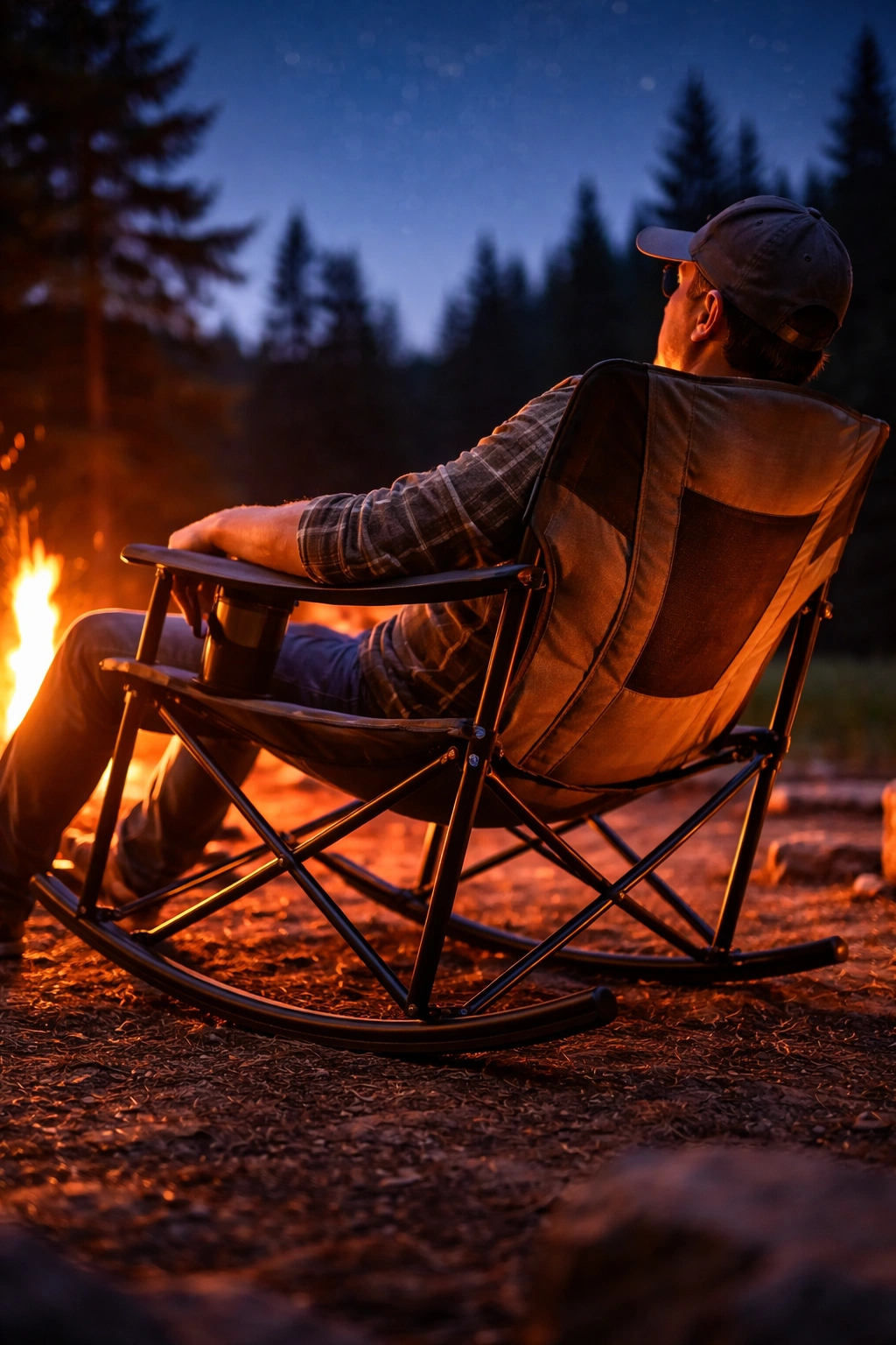 Macro close-up of camping chair rocking mechanism showing curved steel runner rails attached to pivot hinge with powder-coated texture and rubberized ground pads