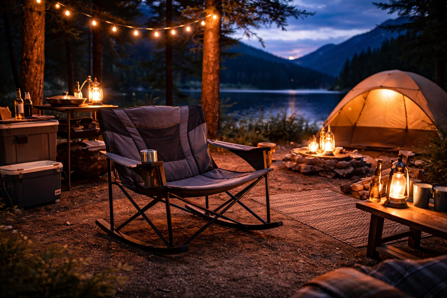 Elevated wide-angle of beautiful campsite at blue hour with rocking camping chair as focal point near warm lantern, tent glowing in background, string lights between trees, mountain lake reflecting twilight