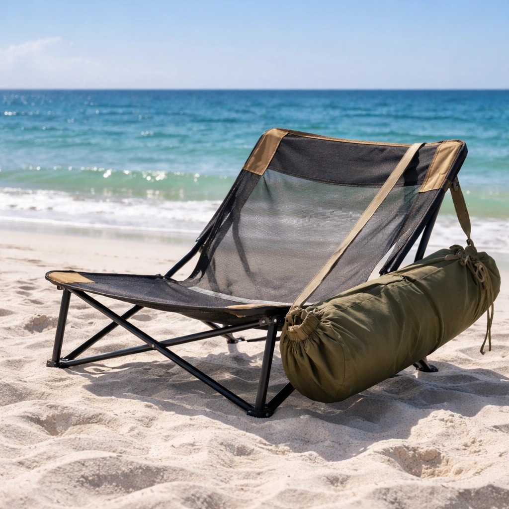 Low-slung mesh beach chair on white sand at ocean edge with shoulder strap carry bag draped over