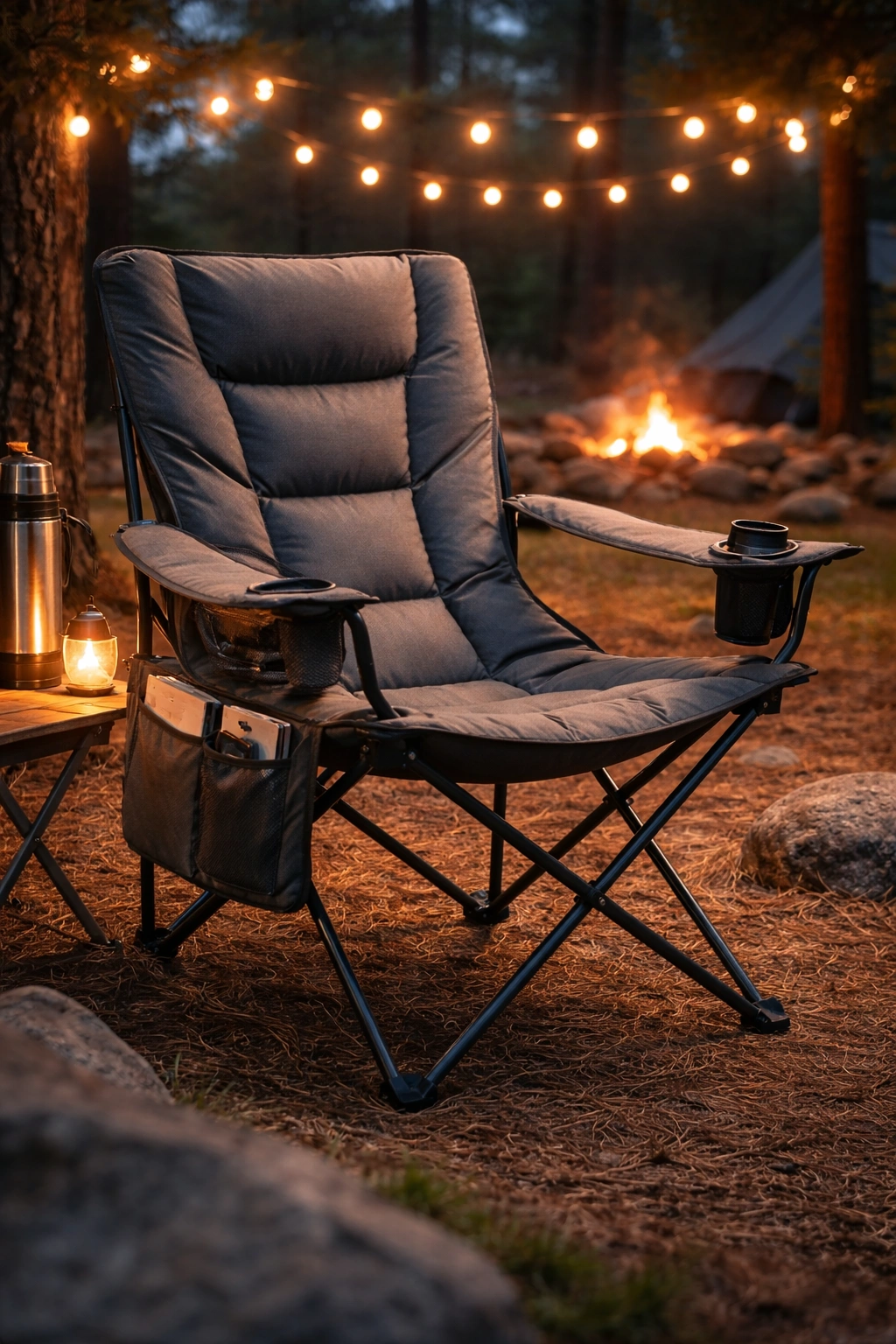 Padded reclining camping chair with cup holder at campsite at dusk with string lights in trees