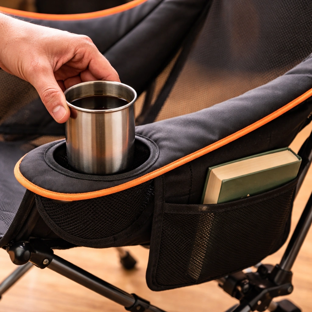 Close-up of camping chair comfort features with hand placing coffee mug into cup holder padded armrest and side pocket with book
