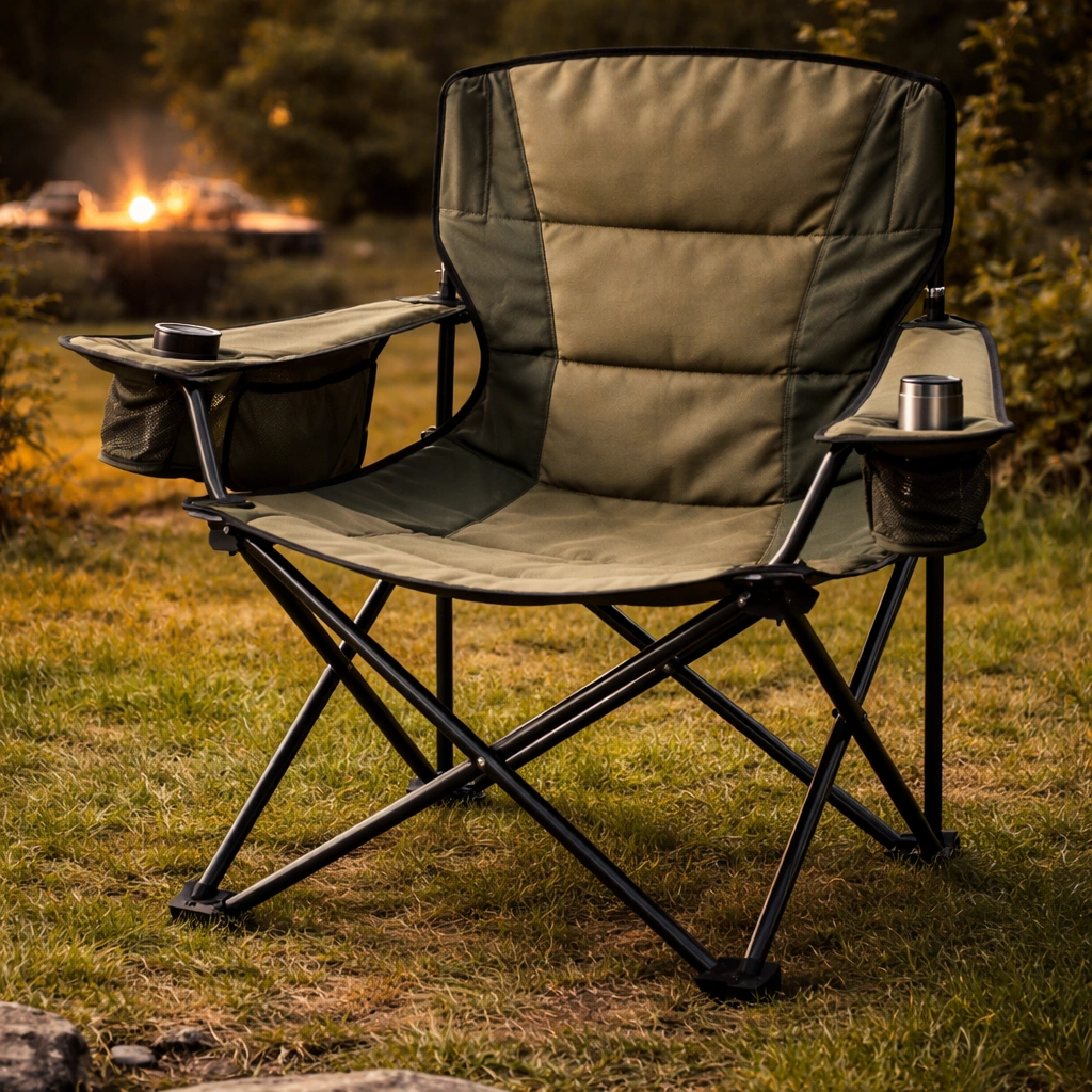 Large wide-seat reinforced camping chair with high backrest near glowing campfire embers on grass