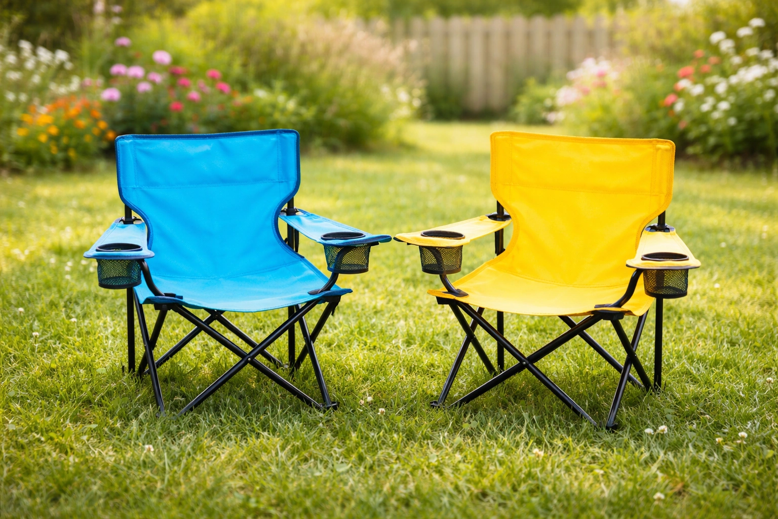 Two small colorful blue and yellow camping chairs for children on green grass with garden flowers