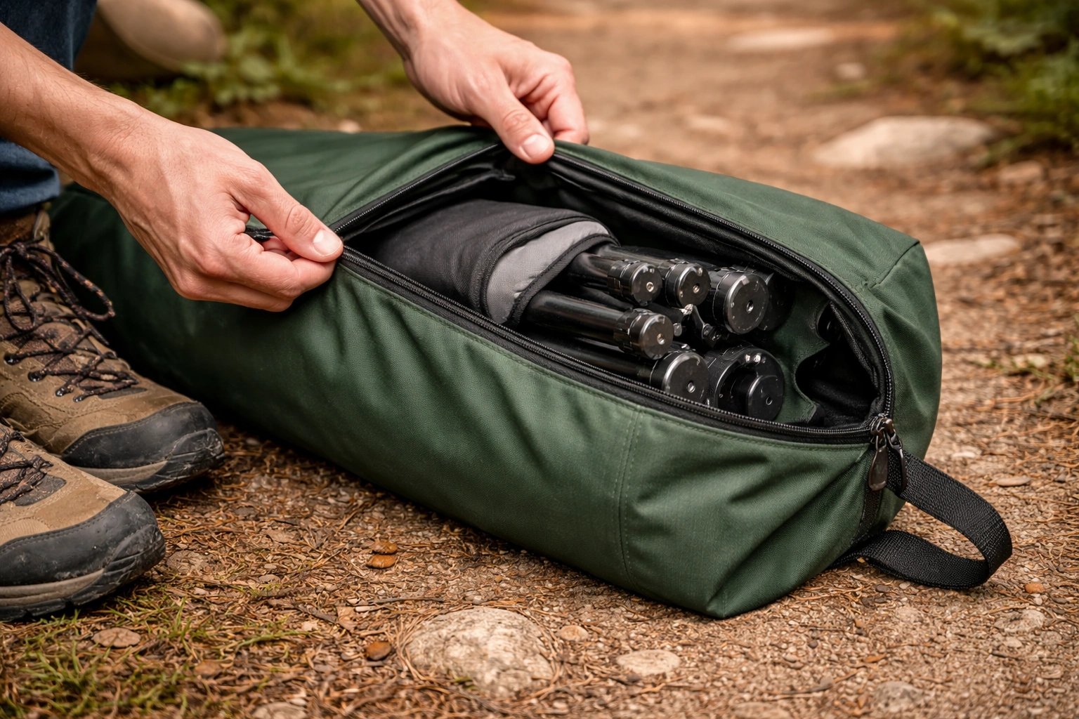 Hands zipping compact camping chair into padded carry bag with hiking boots on ground beside on forest trail