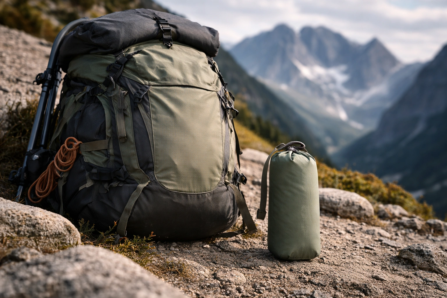 Compact ultralight camping chair in carry bag beside hiking backpack on rocky mountain trail