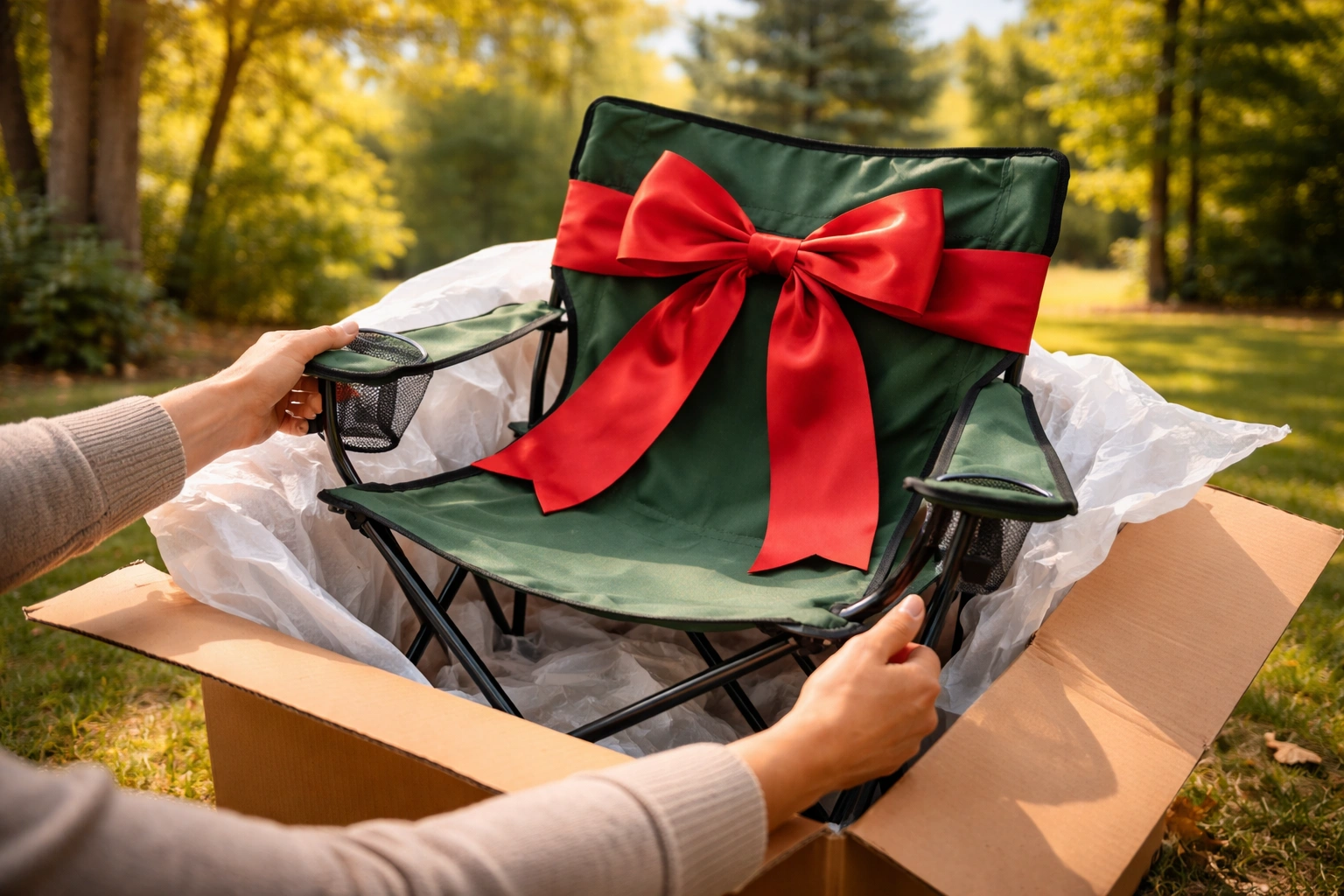 Hands pulling camping chair out of box in backyard with trees and blue sky showing joyful gift-opening moment