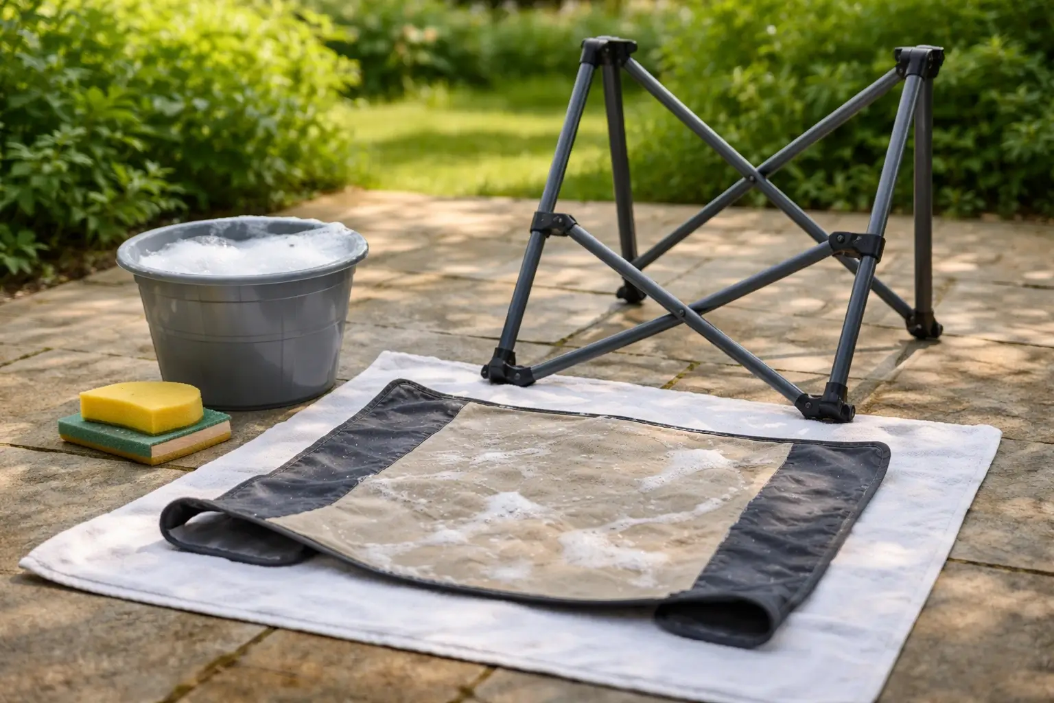 A generic camping chair being cleaned outdoors on a patio, seat fabric removed and laid on a towel, with a bucket of soapy water and soft brush nearby — no brand logos visible