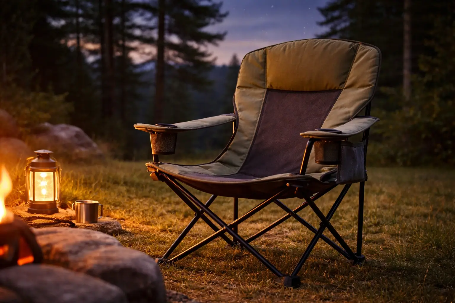 An empty high-back camping chair with padded armrests and headrest at a twilight campsite, warm fire glow, olive green fabric with no logos or text, pine trees and stars in background
