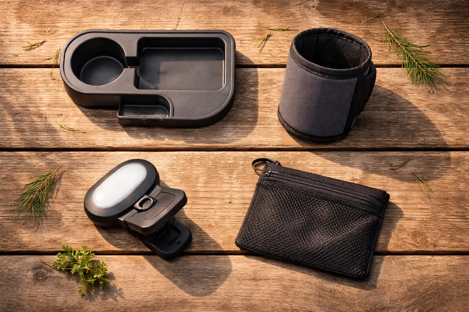 Flat-lay overhead view of camping chair accessories on a wooden table: detachable side table tray, insulated cup holder sleeve, clip-on LED light, and mesh storage pouch — all generic without any brand logos or text