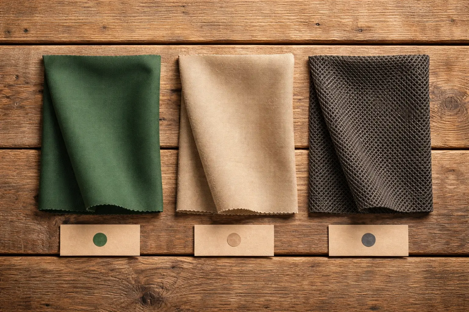 Three fabric swatches flat-laid on wood table: green polyester on left, beige cotton canvas in center, gray mesh netting on right — no labels or brand text