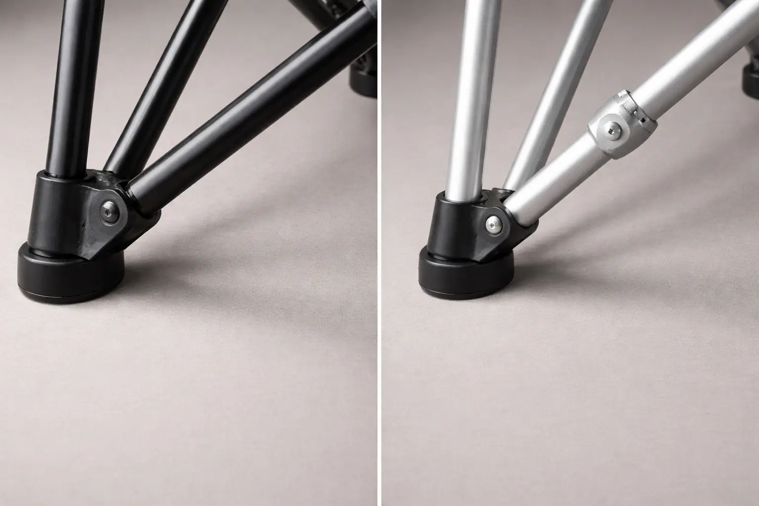 Close-up comparison of two generic camping chair frames: a thick matte black steel tube on the left and a slim silver aluminum tube on the right, no brand markings visible