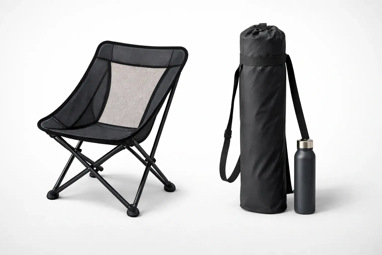 Side by side comparison of a camping chair fully assembled on the left and the same chair folded inside its carry bag on the right, with a water bottle for size reference — no brand logos