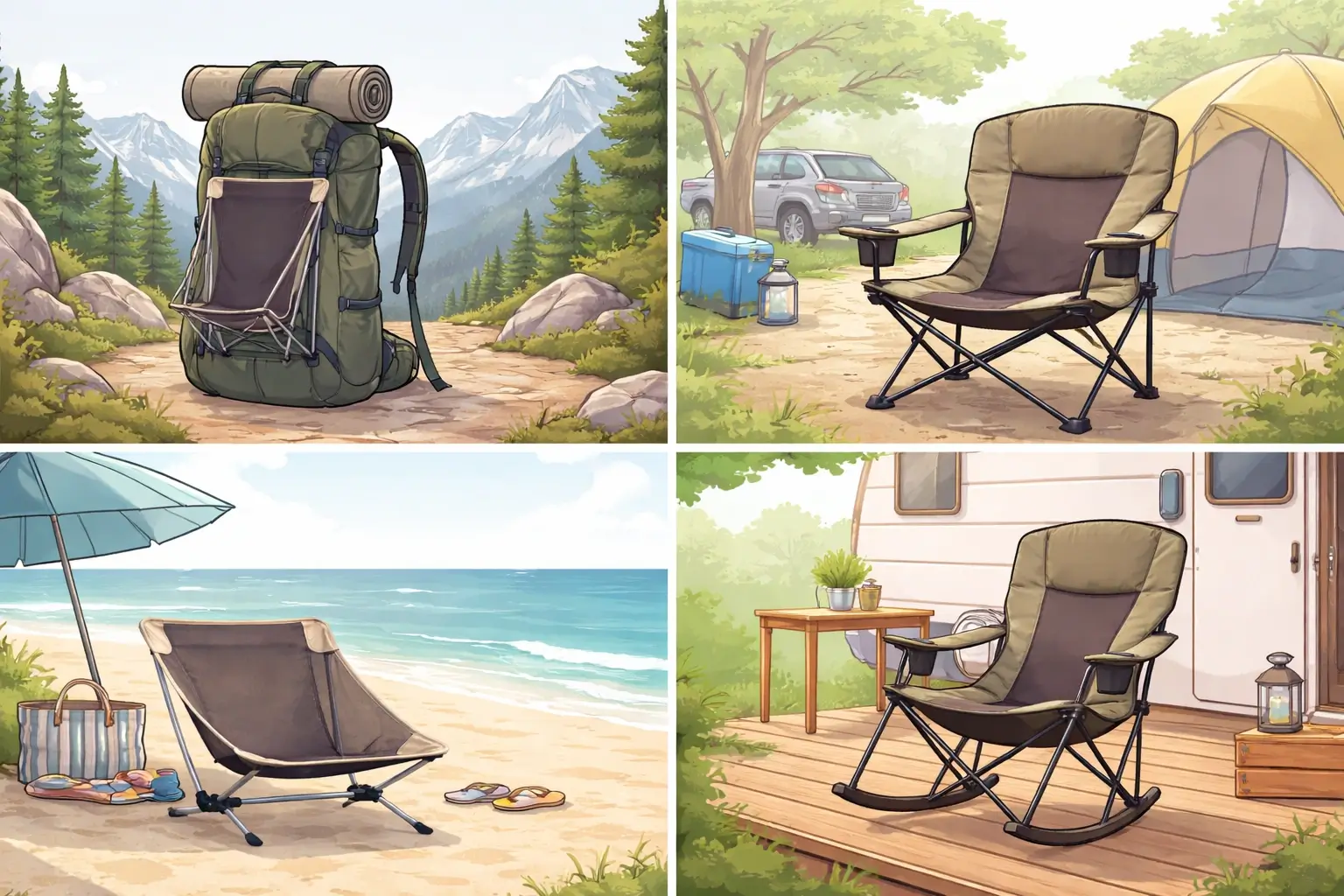 Four camping scenarios illustrated: backpacking with ultralight chair, family car camping with padded chair, beach lounging with low chair, and RV deck with rocking chair — all generic without brand logos
