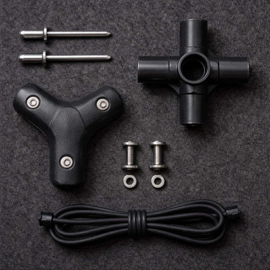 Top-down view of camping chair hardware: stainless steel rivets, plastic hub, nylon joint, bolts, and shock cord on dark felt