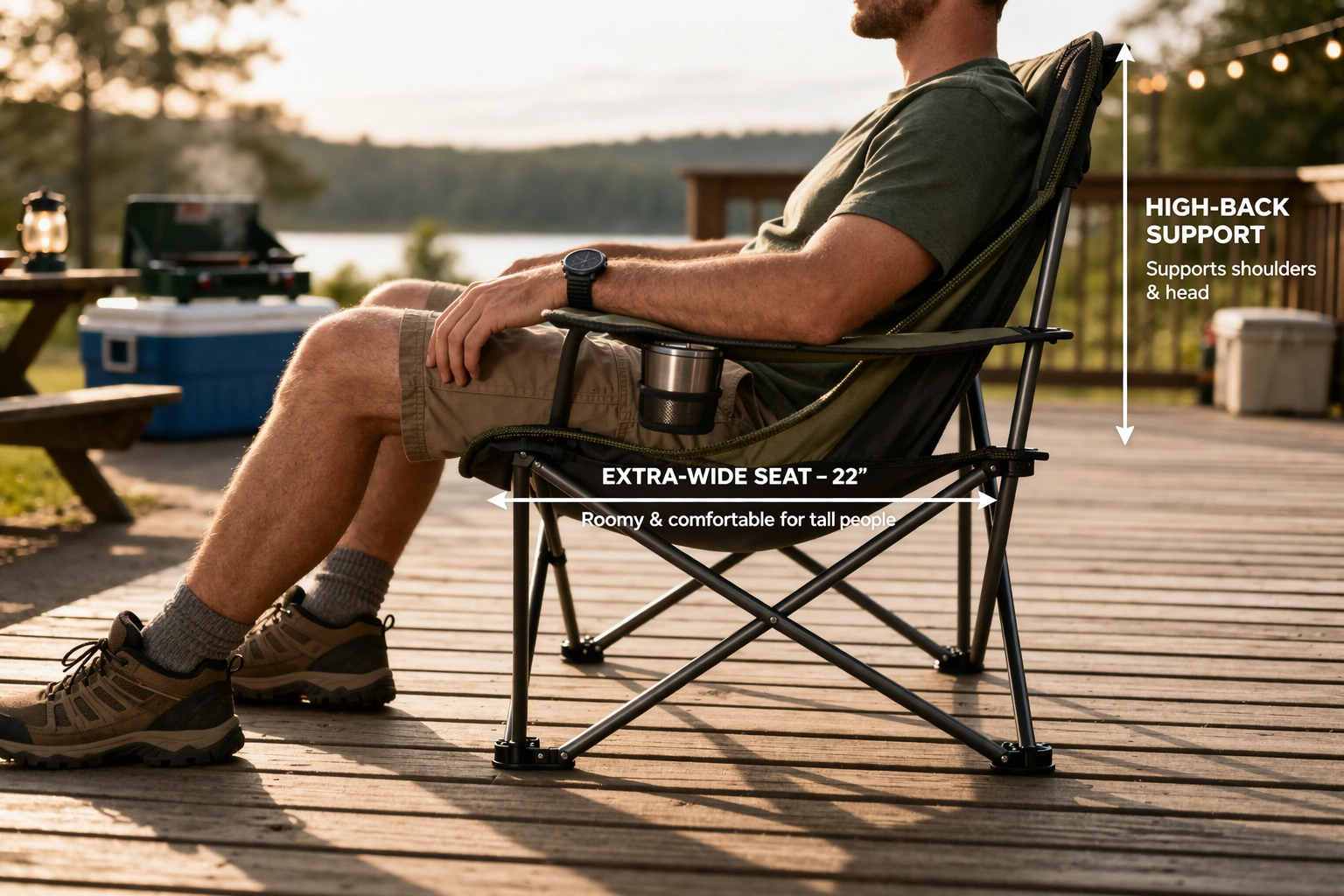 Big and tall person comfortably seated in heavy duty camping chair