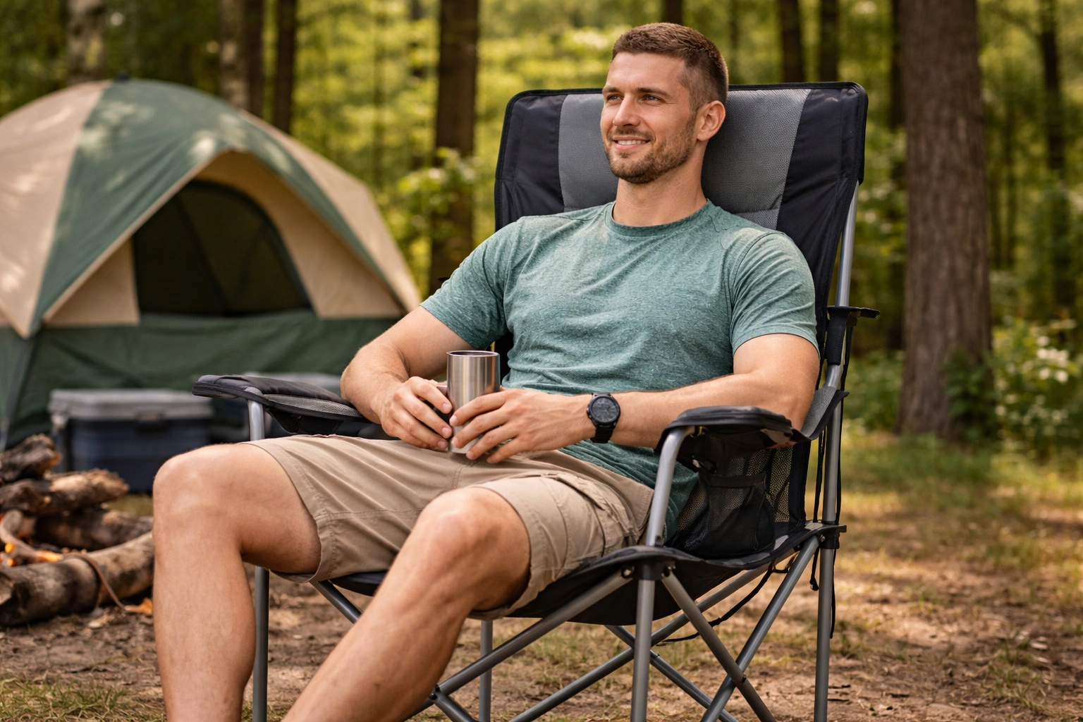 Wide anti-sink feet on heavy duty camping chair for stability on soft ground