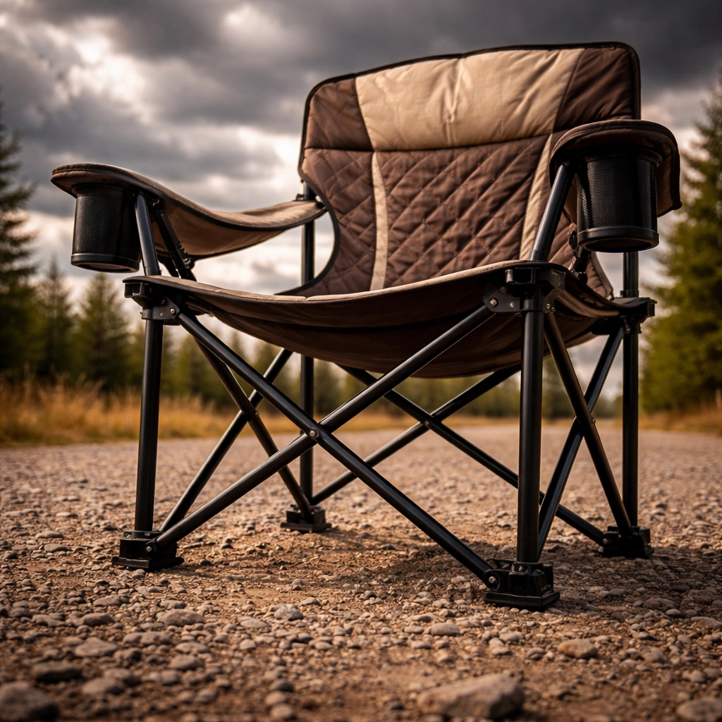 Low-angle view of a large heavy-duty camping chair with oversized steel frame on gravel showing massive solid construction