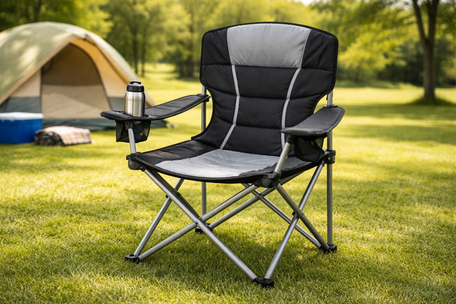 Heavy duty camping chair with reinforced steel frame and 400lb+ weight capacity