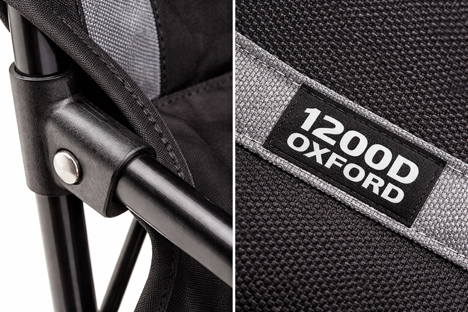 Close up of heavy duty chair materials: steel frame and 1200D fabric