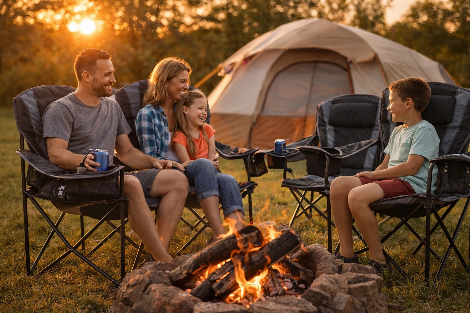 Heavy duty camping chair at tent campsite