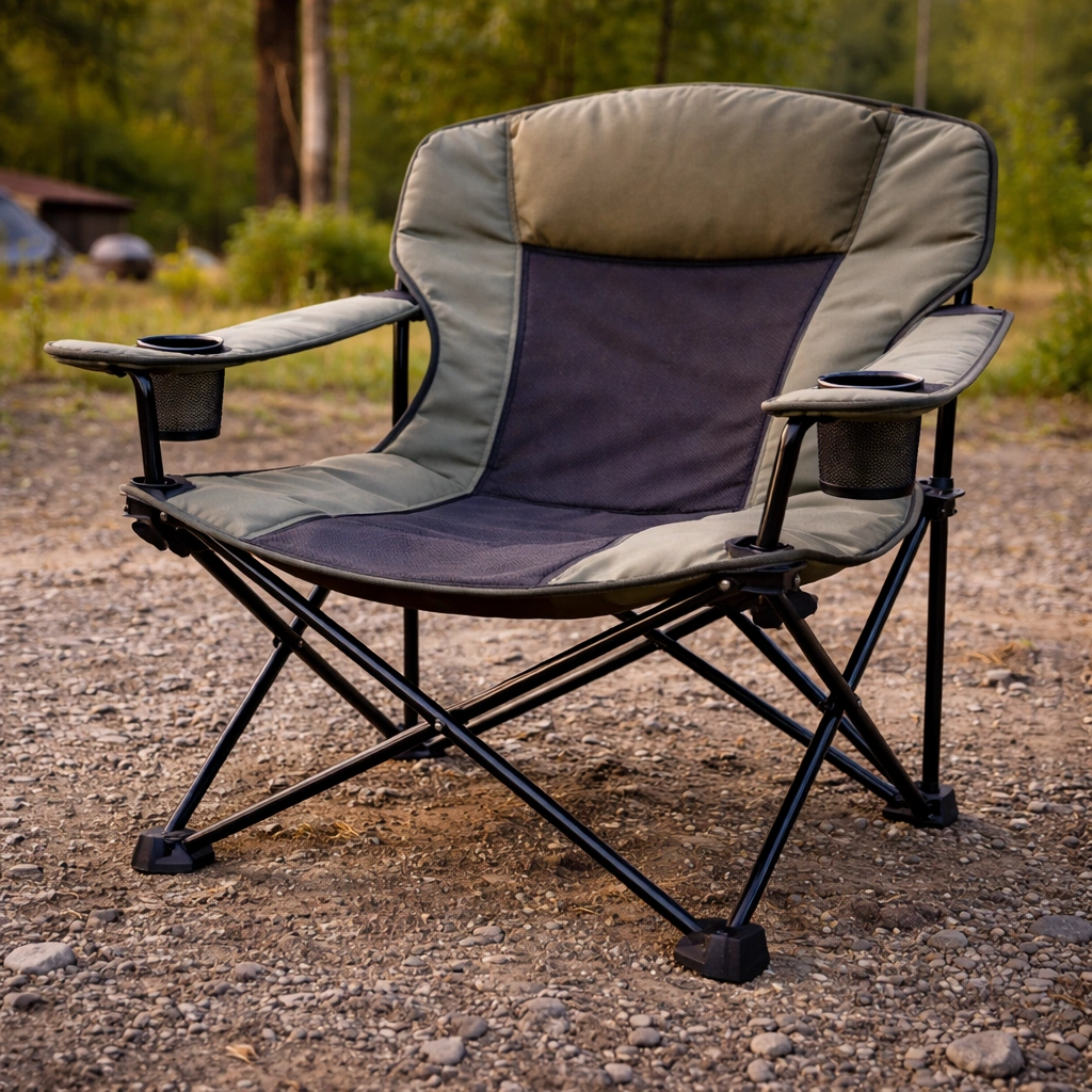 Large extra-wide camping chair with heavy-duty steel frame and broad padded seat on gravel surface