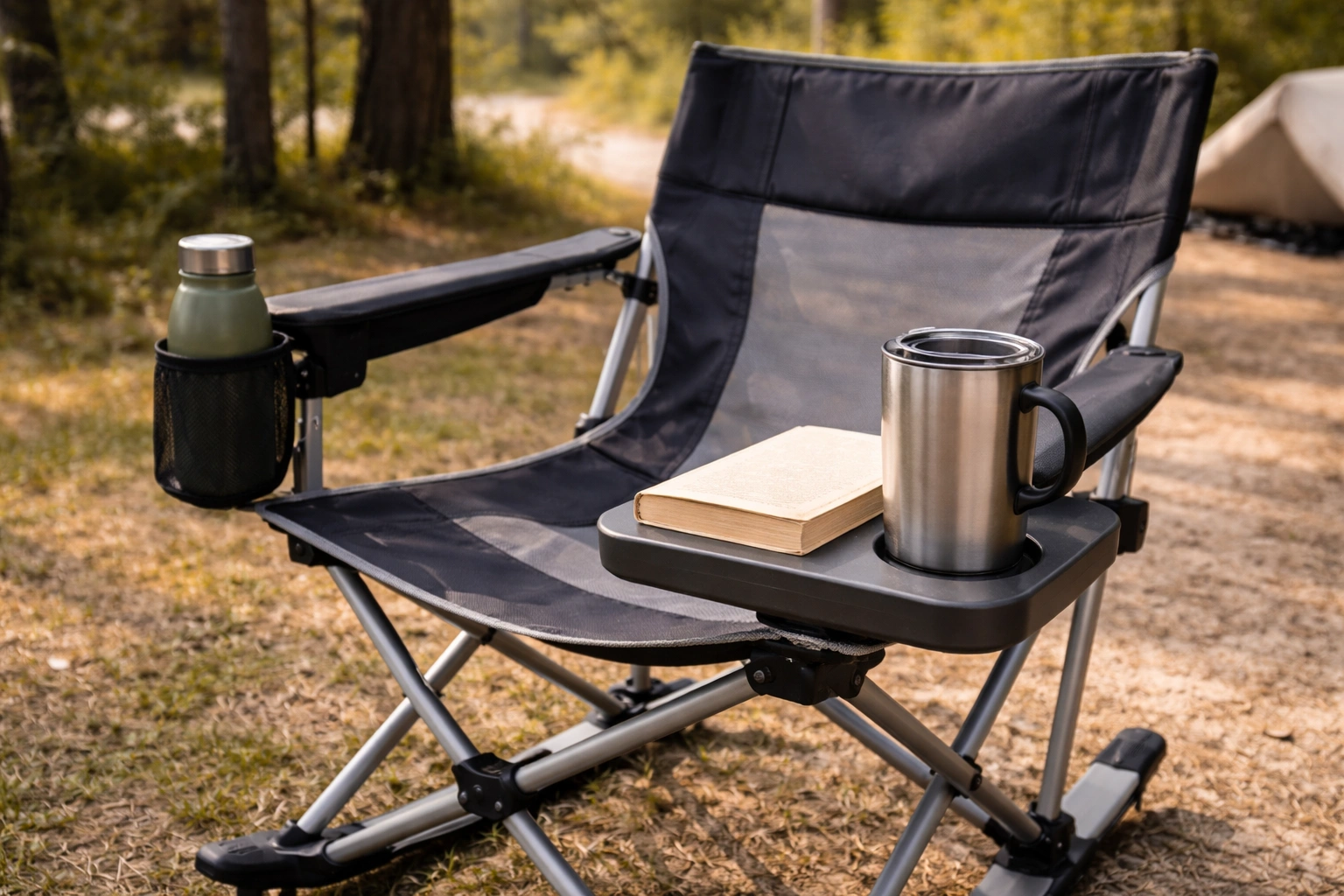 Pole-frame camping chair with clip-on side table holding book and mug plus separate cup holder attachment on other armrest at forest campsite
