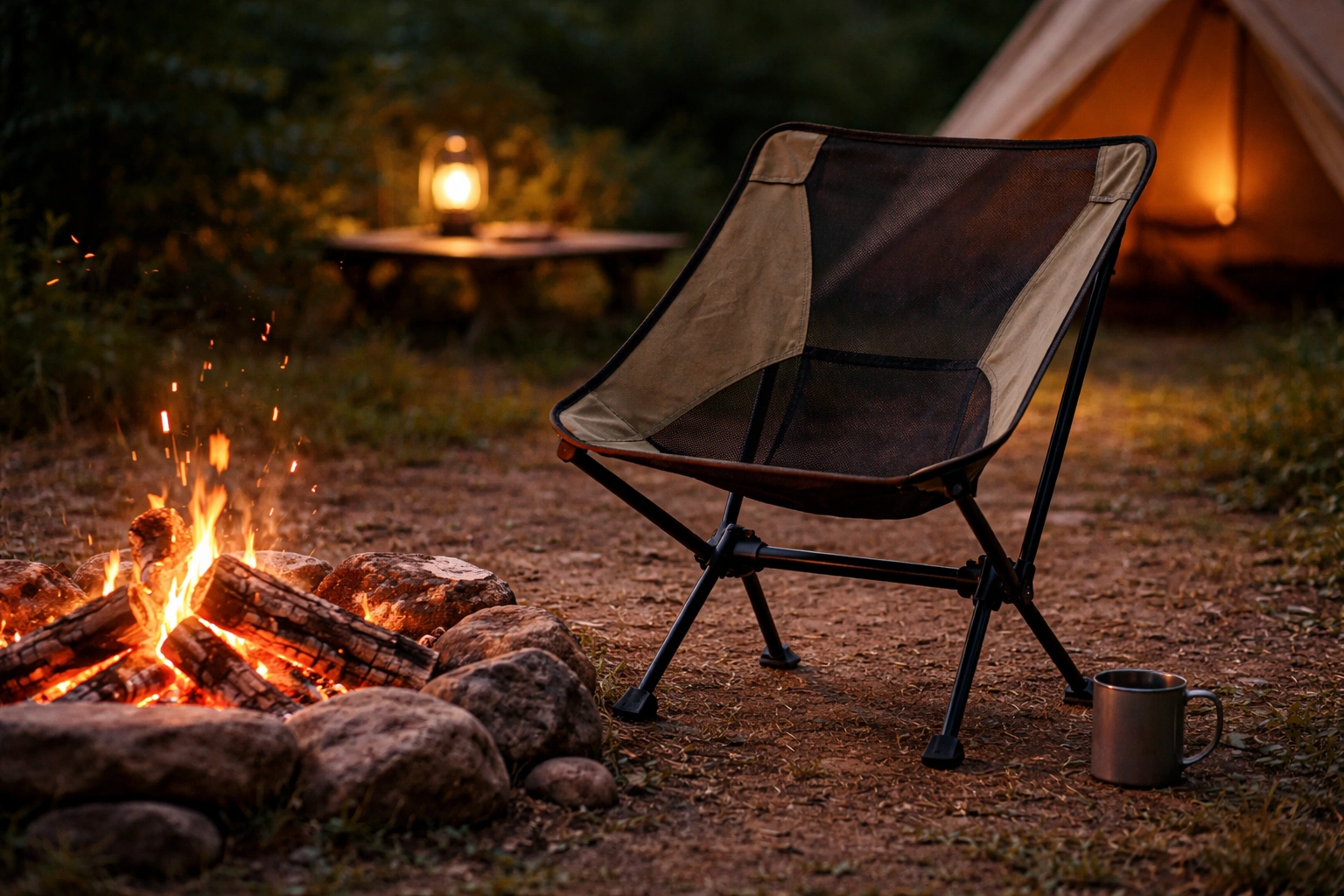 Medium-height pole-frame mesh seat camping chair set up at campsite next to campfire ring with glowing embers and plain mug beside it at dusk