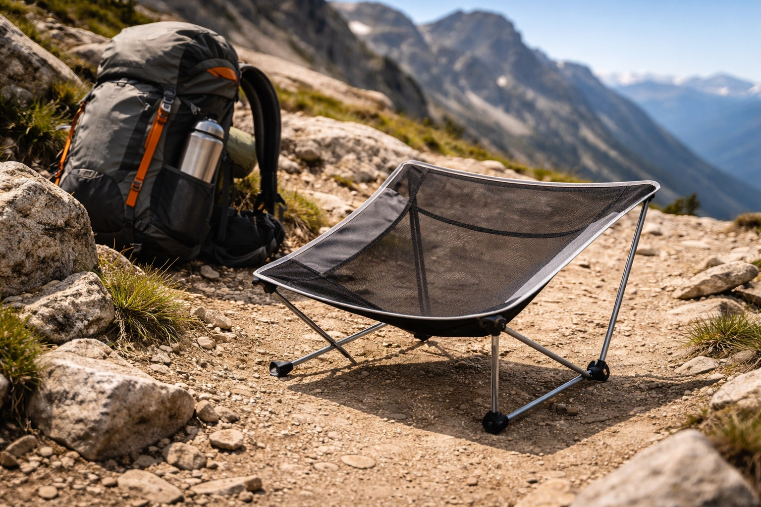 Minimalist pole-frame ultralight camping chair with thin poles and low mesh seat set up on rocky mountain trail beside trekking backpack