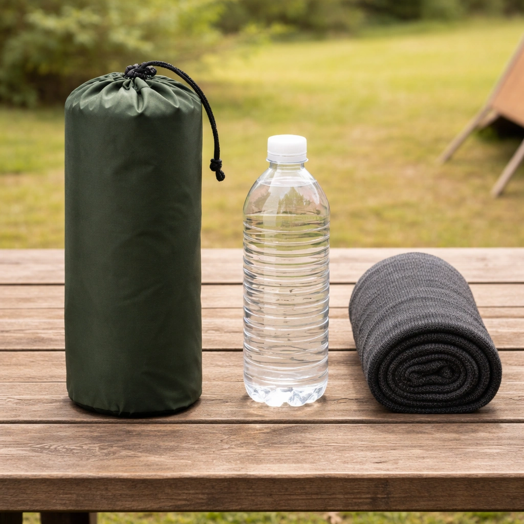 Small cylindrical stuff sack with folded chair standing next to water bottle and beanie on wooden table showing compact size