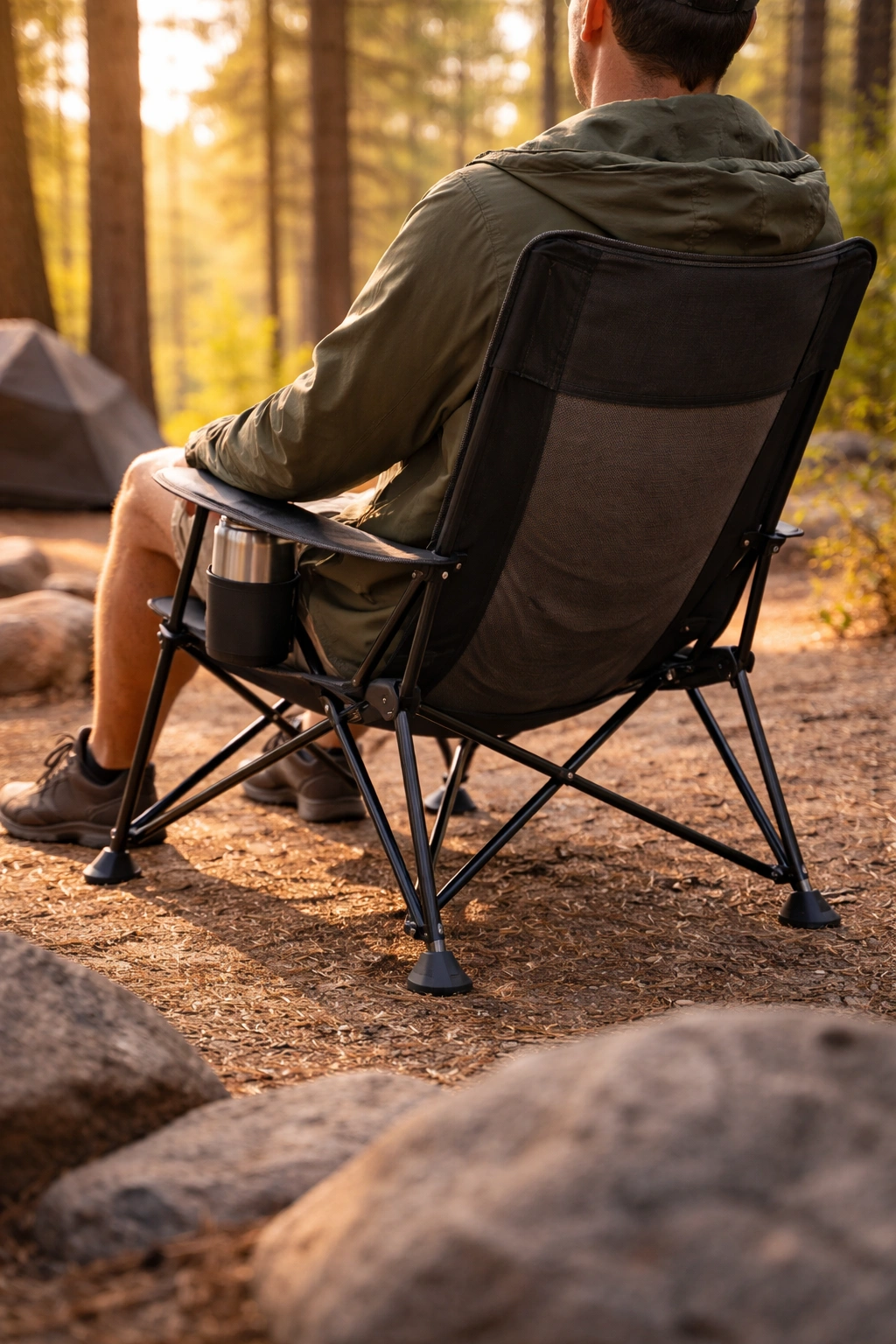 Person sitting in pole-frame mesh seat chair in forest campsite with fabric visibly conforming to body shape
