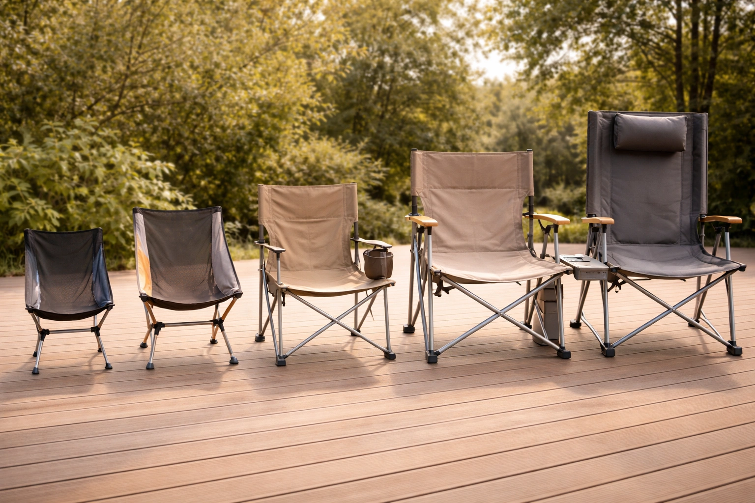 Five different pole-frame camping chairs arranged from smallest ultralight to largest high-back recliner on a wooden deck showing size progression