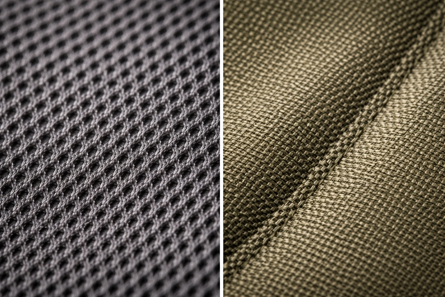 Macro close-up of two fabric textures side by side showing gray polyester mesh weave and thicker green polyester panel weave in fine detail
