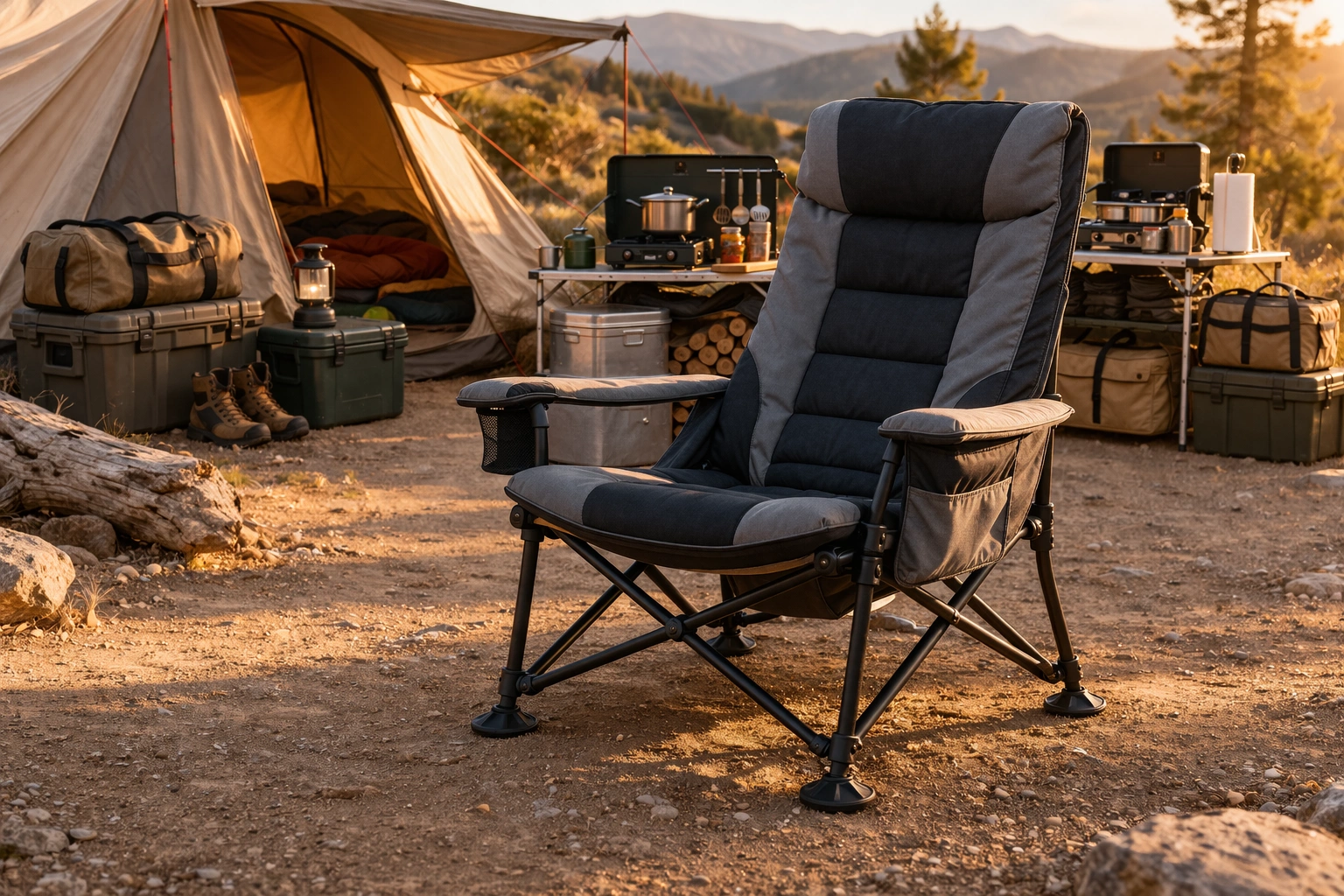 Large luxurious pole-frame chair with padded seat and high back at elaborate basecamp with tent cooking station and organized gear at afternoon
