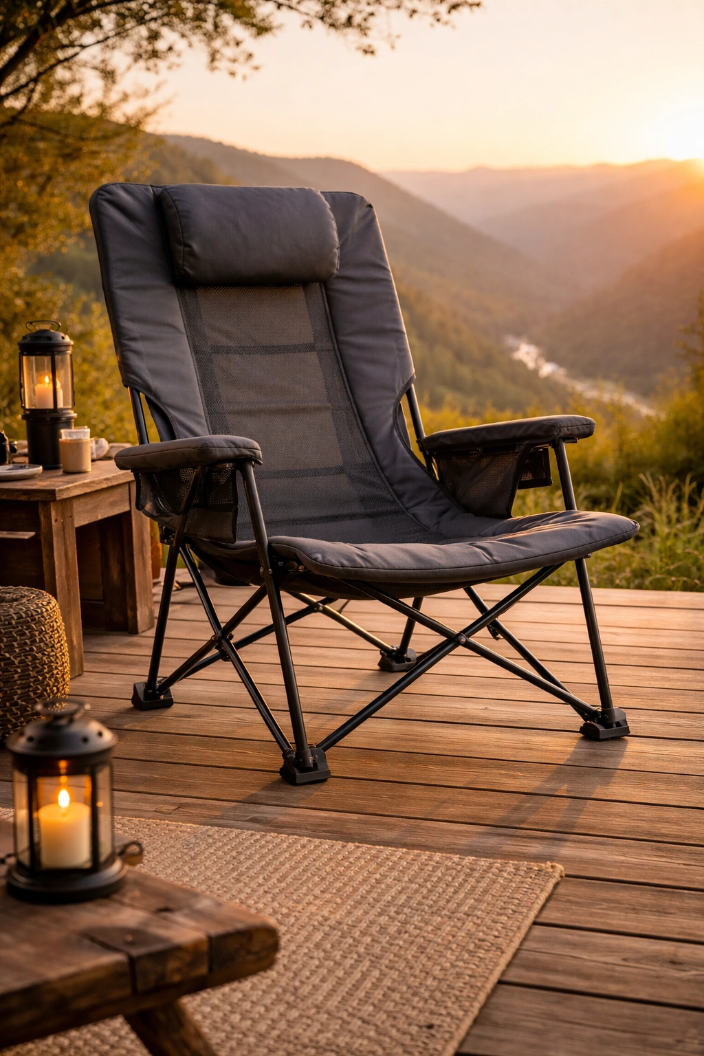 High-back pole-frame camping chair with extended headrest and reclined seat angle on wooden deck overlooking valley at golden hour