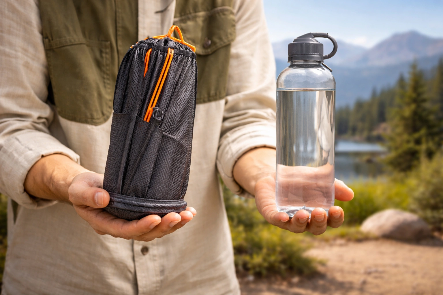 Hands holding ultralight pole-frame camping chair in one palm and 1-liter water bottle in the other showing equal weight