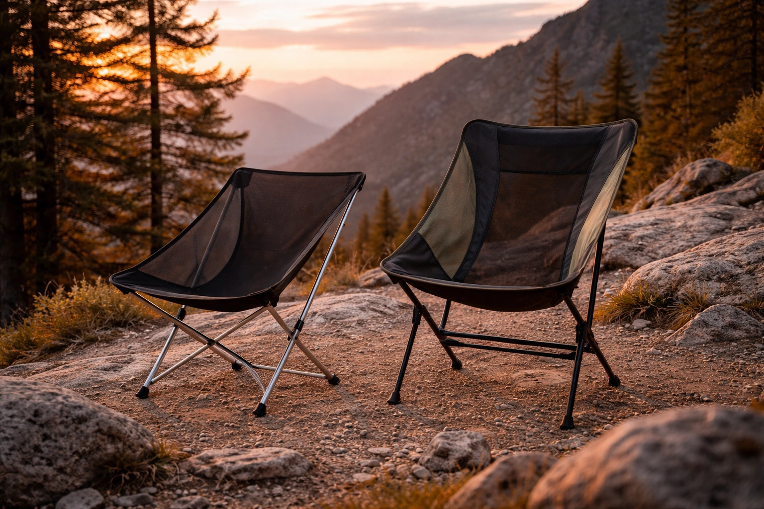 Two minimalist camping chairs side by side on a mountain overlook at golden hour