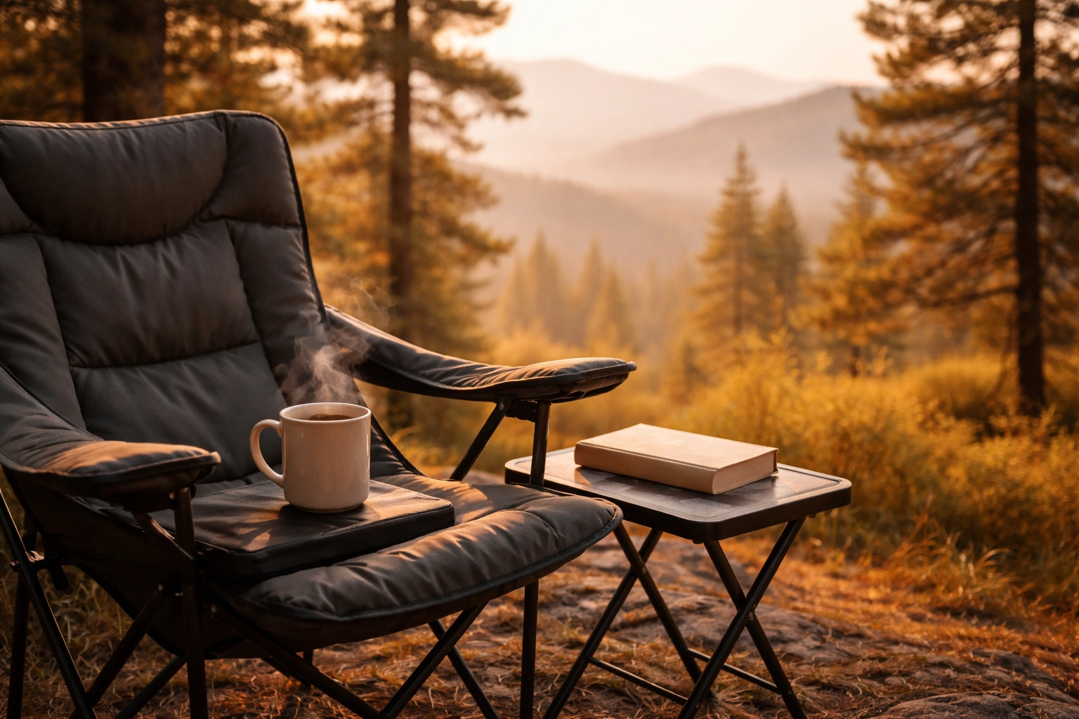 Cozy campsite at golden hour with a folding camp chair featuring an attached side table holding coffee and a book