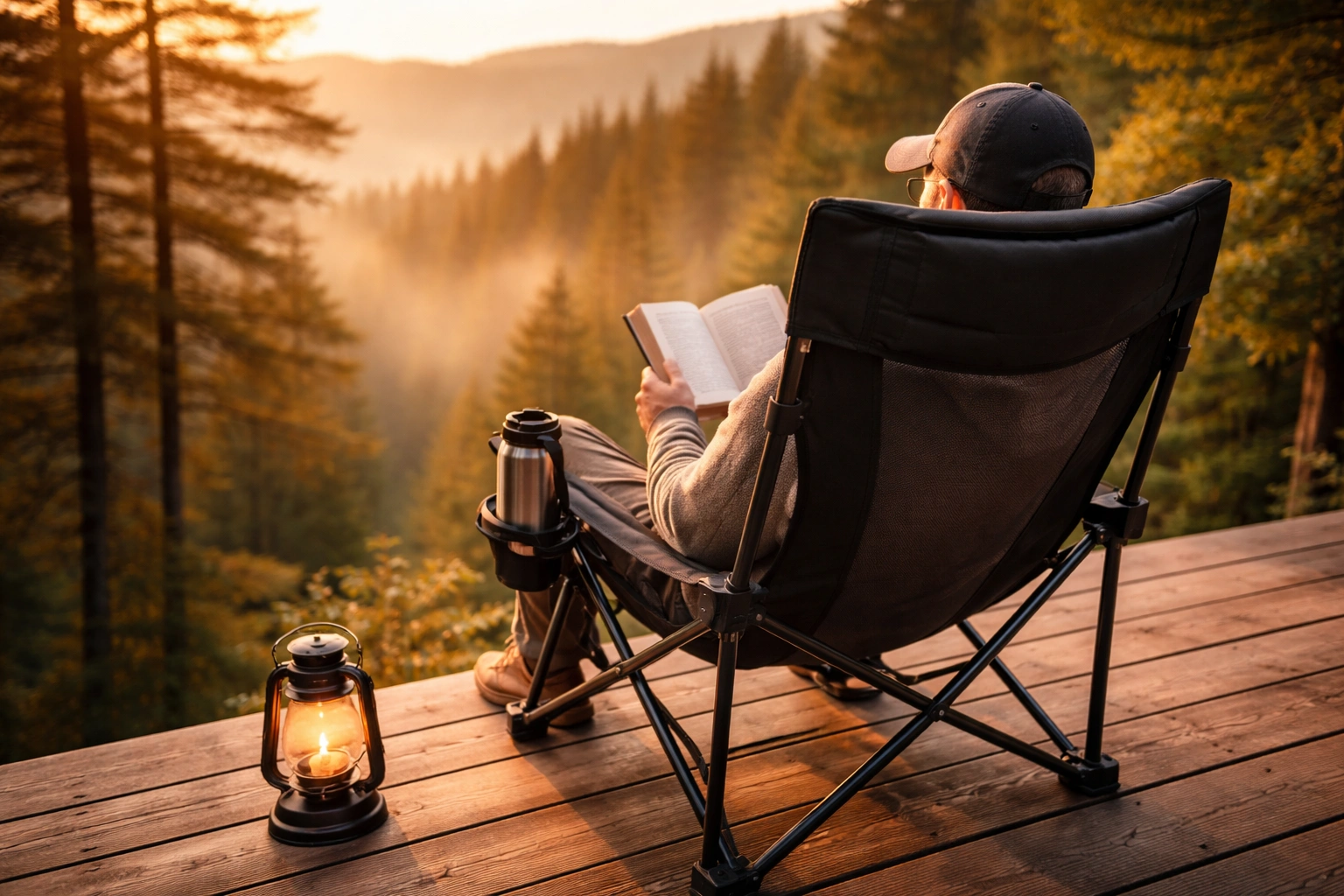 Person relaxing in high back camping chair with full neck support outdoors