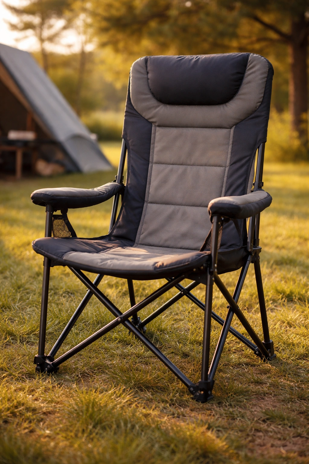 Tall high-back camping chair with padded headrest and armrests on grass at campsite