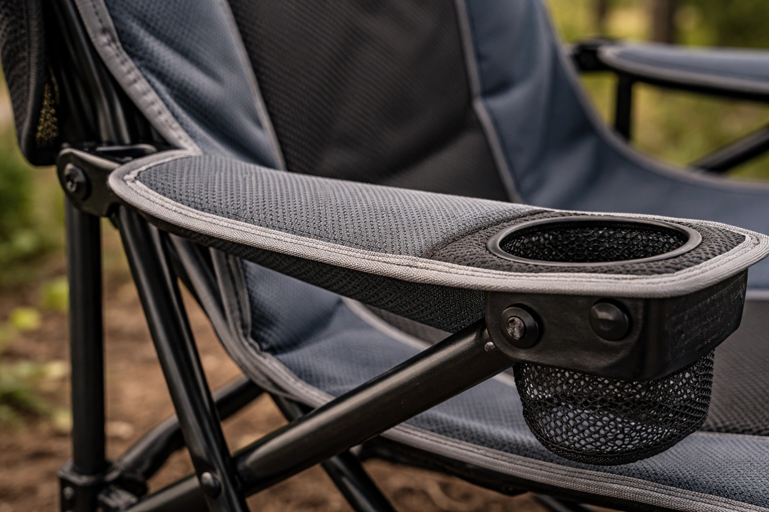 Close-up of powder-coated steel frame and durable Oxford fabric on a high back camping chair