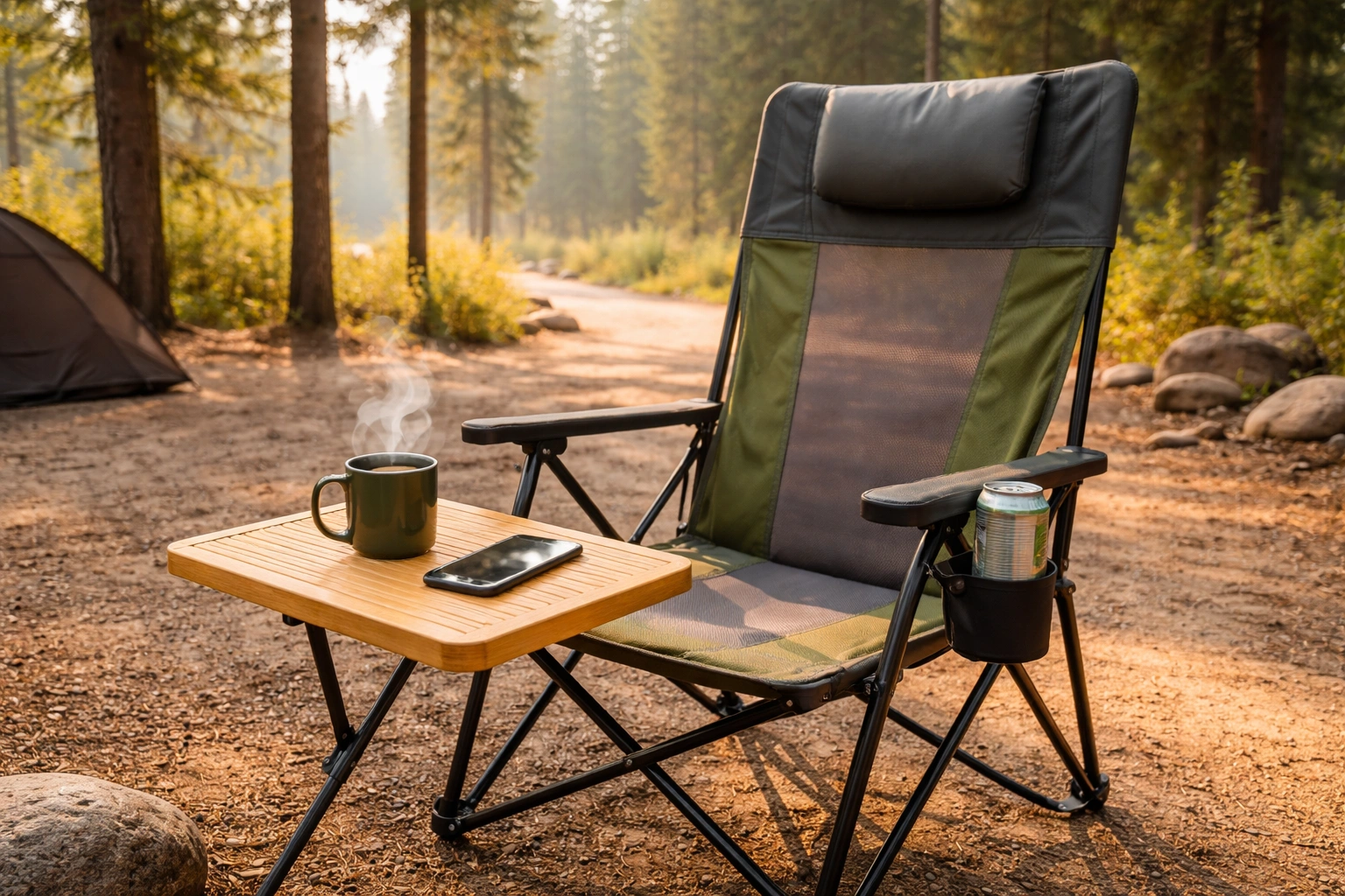 High back camping chair featuring integrated side table, cup holder and insulated pocket