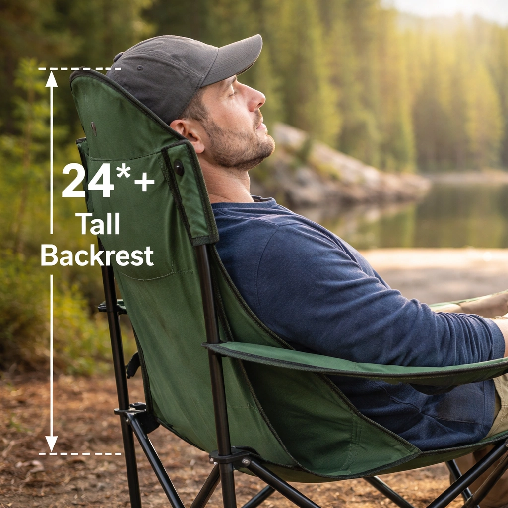 High back camping chair with head support