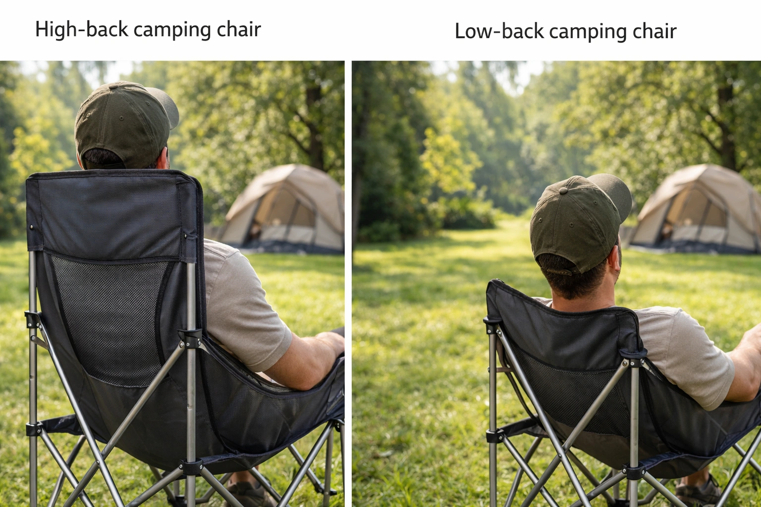 Side-by-side comparison: high back camping chair providing neck support vs low back chair without headrest