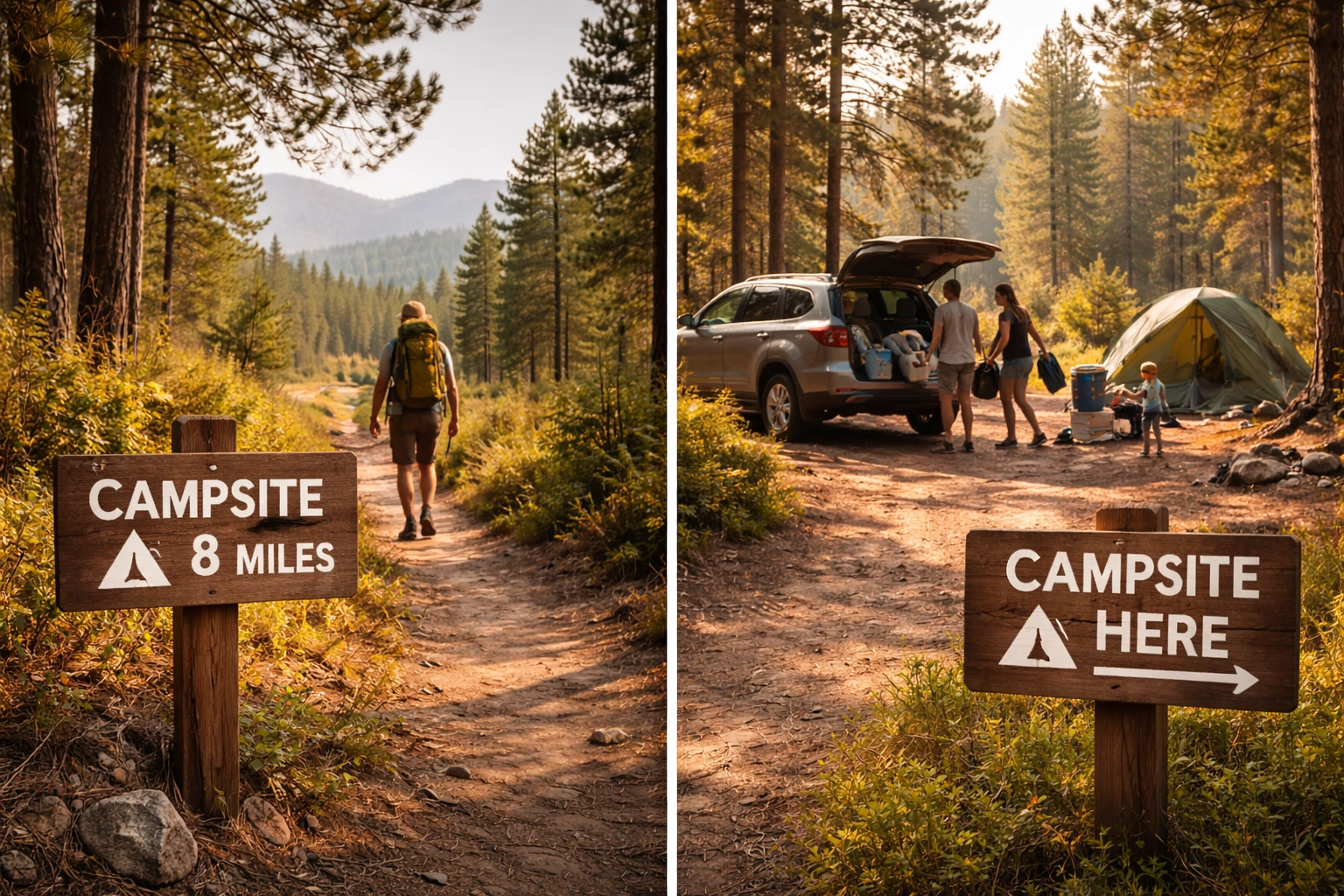 Split comparison showing trail sign with 8 miles to campsite and hiker with backpack on left versus SUV parked next to campsite with people unloading gear on right
