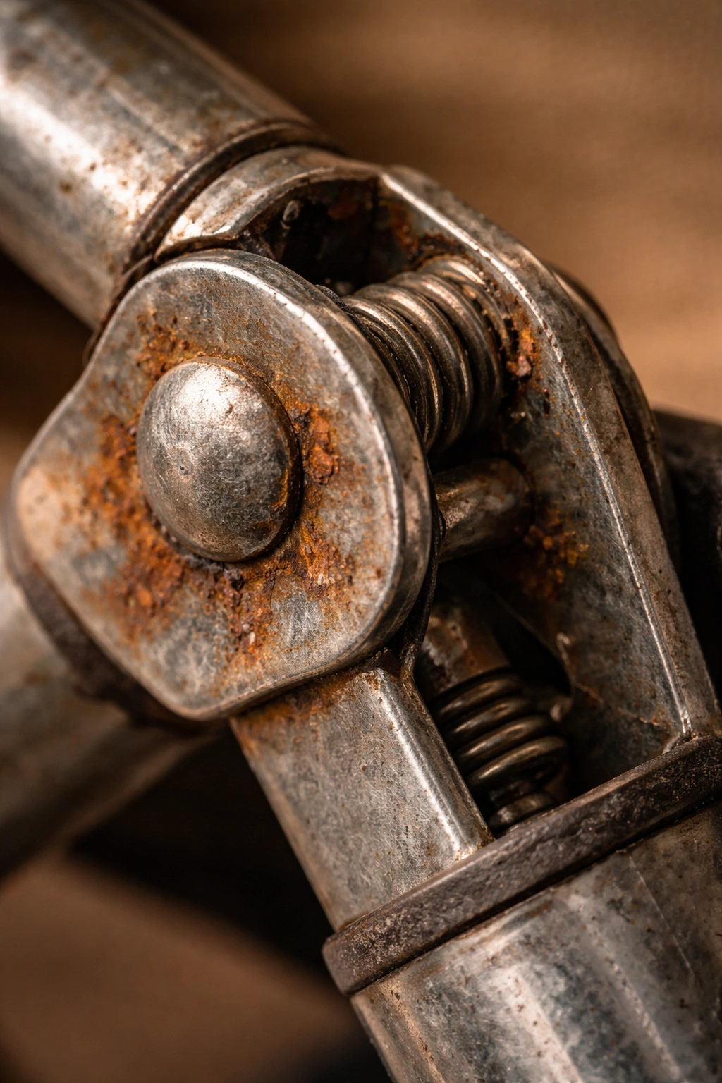 Extreme close-up of folding hinge mechanism on camping chair frame showing rust residue in crevices