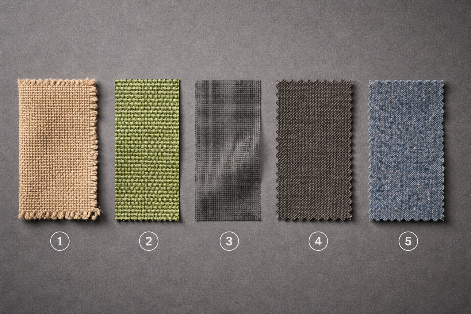Flat lay of five material samples arranged horizontally on slate surface from rough canvas to woven vinyl to nylon mesh to 600D polyester to recycled blue fabric with numbered labels