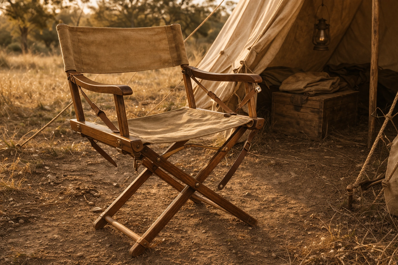 Vintage-style folding wooden campaign chair with canvas seat and backrest in X-frame design set up on dirt ground beside canvas tent in field with warm afternoon nostalgic light