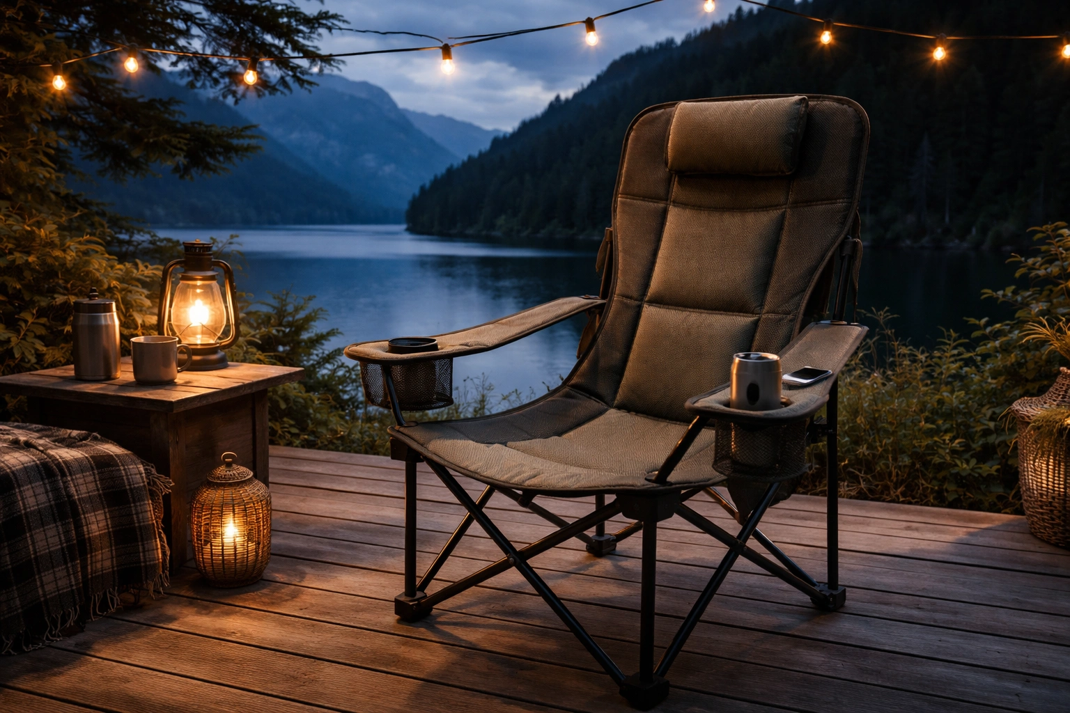 High-back padded camping chair with mesh panels and cup holder on premium deck overlooking mountain lake at blue hour with string lights and portable speaker