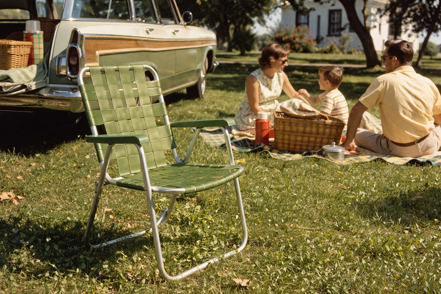 Retro 1960s-style aluminum tube folding chair with woven vinyl strips in avocado green set up on suburban lawn beside vintage station wagon at family picnic with warm nostalgic kodachrome tones