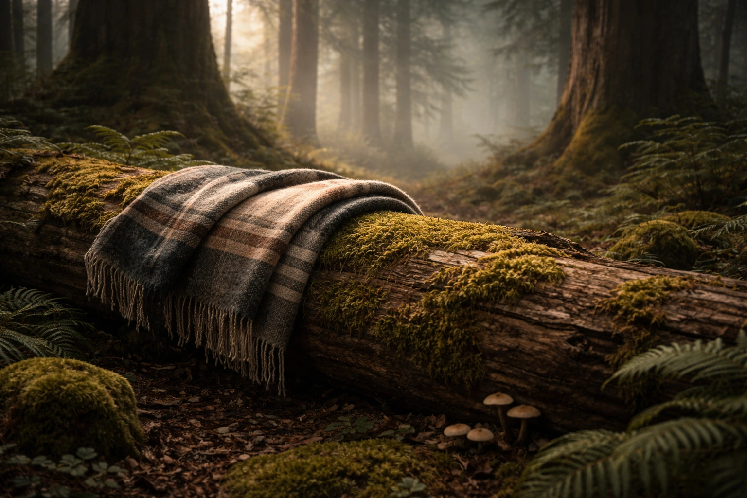 Moss-covered fallen log in ancient misty forest with folded wool blanket draped over it suggesting natural primitive seating spot, no modern objects